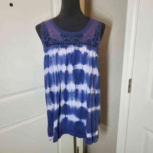 Greater Good Women's Navy Blue and White Tie-Dye Crochet Tank Top Size Large